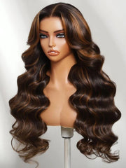 UNice 7x5 Bye Bye Slip™ Lace Rich Dark Chocolate Brown with Warm Caramel/Cinnamon Highlights Body Wave Wig
