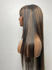 UNice 13x4 Lace Front Black With Honey Blonde Streaks Straight Wig With Chinese Bangs