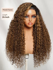 UNice 13x4 Bye Bye Slip™ Lace Frontal Brown with Caramel Highlights Glueless Curly Wig with Dark Roots