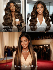 UNice 7x5 Bye Bye Slip™ Balayage Highlight Body Wave & Curtain Bangs Wig – Glueless Lace Pull & Go with Flexible Drawstring
