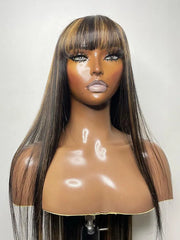 UNice 13x4 Lace Front Black With Honey Blonde Streaks Straight Wig With Chinese Bangs
