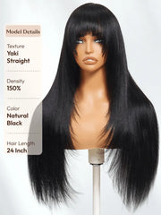 UNice Machine Made & 7x5 Bye Bye Slip™ Lace Yaki Human Hair Glueless Wispy Bangs Natural Black Wig