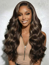 UNice 7x5 Bye Bye Slip™ Lace Frontal Dark Chocolate Brown with Caramel Highlights Body Wave Wig with Side Part Bangs