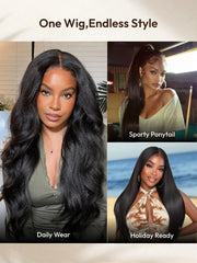 UNice InvisiBlend™ V Part Glueless Yaki Straight Natural Black Wig With Invisi Drawstring 100% Human Hair 180% Density