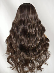 UNice 7x5 Bye Bye Slip™ Lace Frontal Dark Chocolate Brown with Caramel Highlights Body Wave Wig with Side Part Bangs