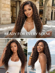UNice 7x5 Bye-Bye Slip™ Lace 100% Human Hair Water Wave Wig with Golden Brown Highlights Glueless Summer-Ready