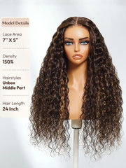UNice 100% Human Hair Bye-Bye Knots™ 7x5 Lace Dark Toffee Brown with Auburn Highlights Water Wave Wig with Invisi Drawstring