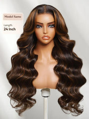 UNice 7x5 Bye Bye Slip™ Lace Rich Dark Chocolate Brown with Warm Caramel/Cinnamon Highlights Body Wave Wig