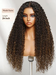 UNice 13x4 & 7x5 Bye Bye Slip™ Lace Frontal Brown with Caramel Highlights Jerry Curly Glueless Wig with Invisi Drawstring