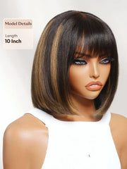 UNice 2x4 Lace Closure Black with Brown Highlights Yaki Straight Bob Wig with Bangs Chin-Length