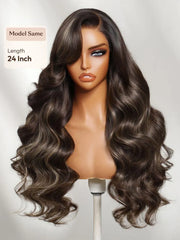 UNice 7x5 Bye Bye Slip™ Lace Frontal Dark Chocolate Brown with Caramel Highlights Body Wave Wig with Side Part Bangs