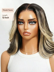 UNice 7x5 Bye Bye Slip™ Lace Dark Brunette with Ash Blonde Highlight Layered Wavy Bob Wig with Invisi Drawstring