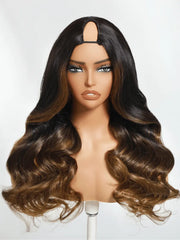 UNice EasiContour™ V Part Black to Chestnut Brown Ombre Body Wave Wig With Invisi Drawstring