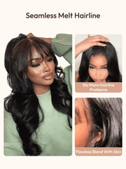 UNice 7x5 & 13x4 Bye-Bye Slip™ Pull & Go Black Fluffy Loose Wave Wispy Bangs Glueless Wig with Flexible Drawstring