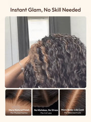 UNice 7x5 Bye-Bye Slip™ Lace 100% Human Hair Water Wave Wig with Golden Brown Highlights Glueless Summer-Ready