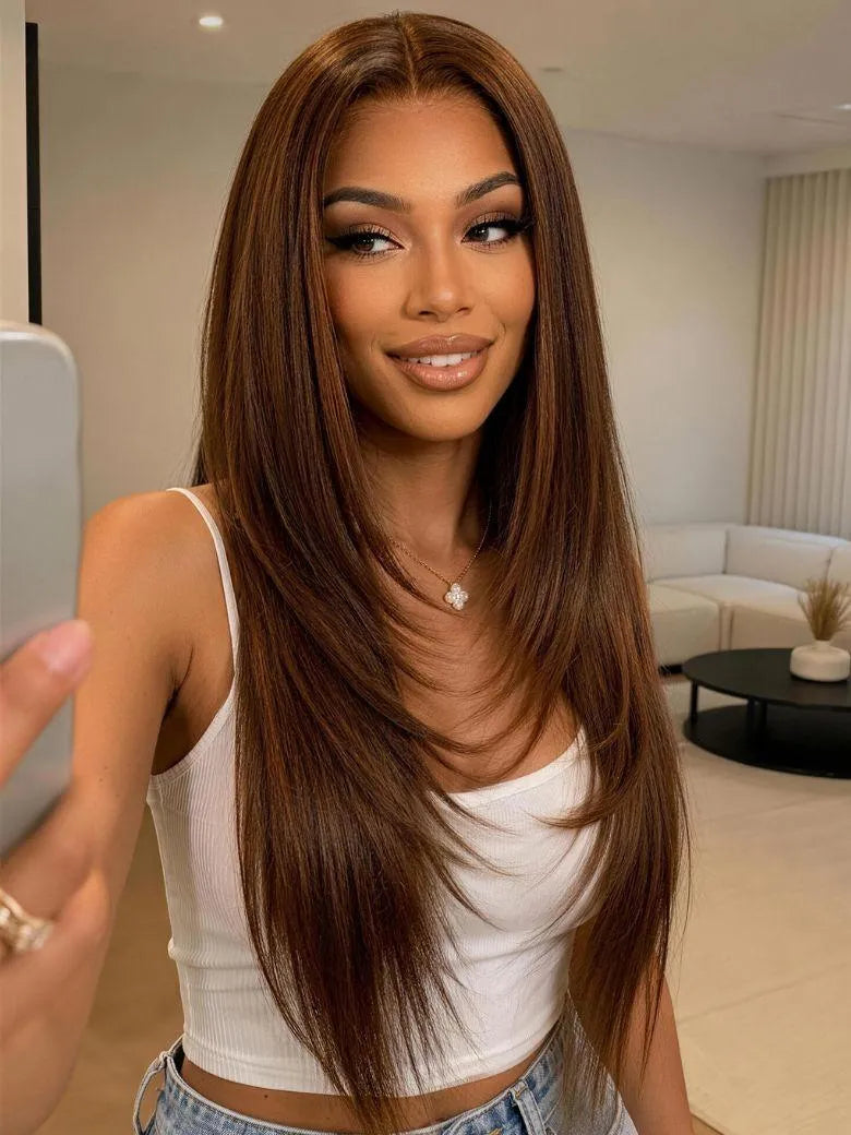 UNice 7x5 Bye-Bye Slip™ Lace Rich Brown with Golden Copper Highlights Layered Straight Glueless Wig with Invisi Drawstring