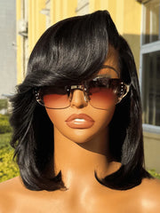 UNice 7x5 Bye-Bye Knots & 4x4 Lace Closure Black Bob Wig With Side Swept Bangs