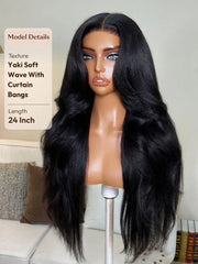 UNice 7x5 Bye Bye Slip™ Glueless Lace Black Yaki Straight Blowout with Soft Body Wave Wig with Curtain Bangs