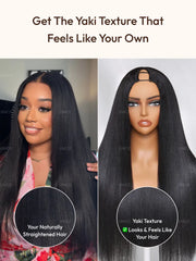 UNice InvisiBlend™ V Part Glueless Yaki Straight Natural Black Wig With Invisi Drawstring 100% Human Hair 180% Density