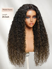 UNice 7x5 Bye Bye Slip™ Glueless Lace Black to Chestnut Brown Ombre Bouncy Water Wave Curly Wig with Invisi Drawstring