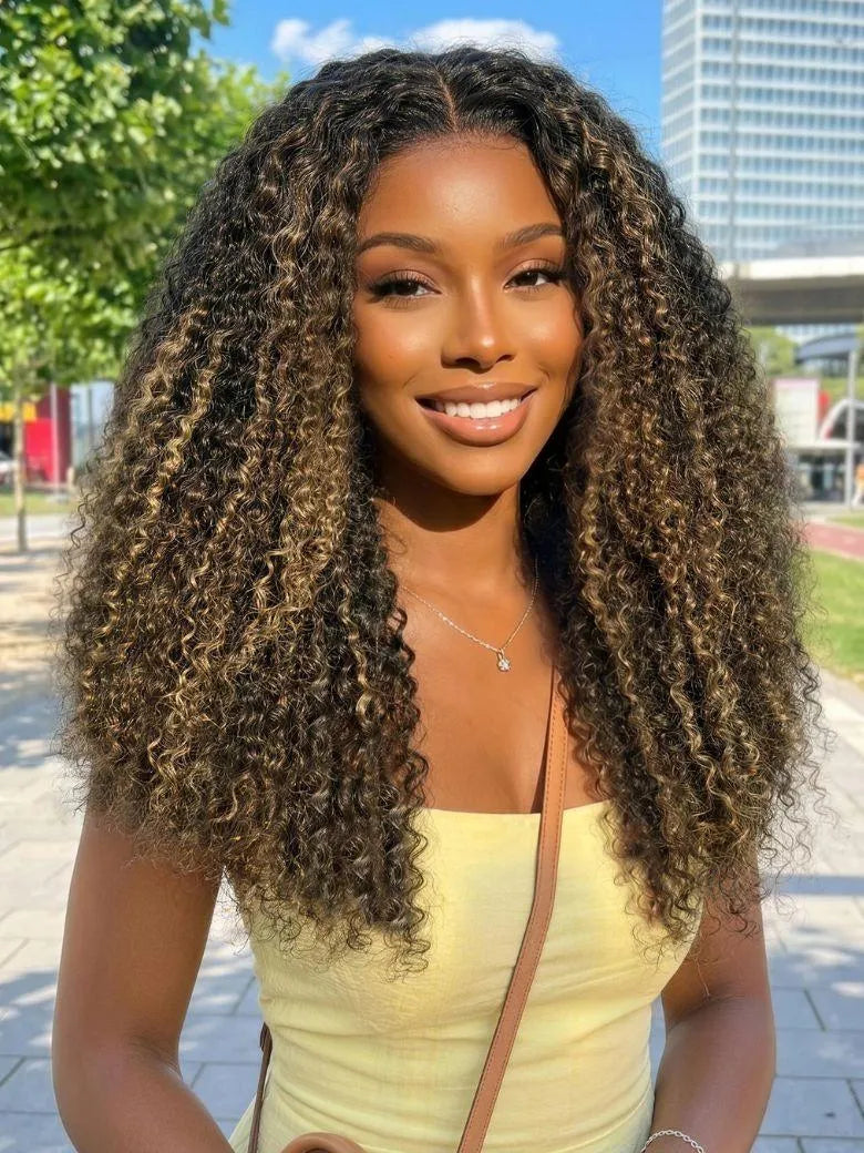 UNice 7x5 Bye Bye Slip™ Lace Black with Blonde and Caramel Highlights Full Curly Wig with Defined Curls For Beginners