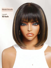 UNice 2x4 Lace Closure Black with Brown Highlights Yaki Straight Bob Wig with Bangs Chin-Length