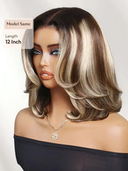UNice Bye Bye Slip™ 7x5 Lace Warm Brown with Beige Blonde Ribbon Highlights Layered Bob Wig With Dark Roots