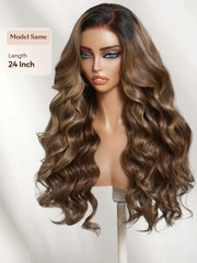 UNice Bye-Bye Slip™ 7x5 Lace Glueless Ash Brown Highlights Luxury Body Wave Drawstring Wig with Dark Roots