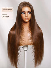 UNice 7x5 Bye-Bye Slip™ Lace Rich Brown with Golden Copper Highlights Layered Straight Glueless Wig with Invisi Drawstring