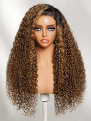 UNice 13x4 Bye Bye Slip™ Lace Frontal Brown with Caramel Highlights Glueless Curly Wig with Dark Roots