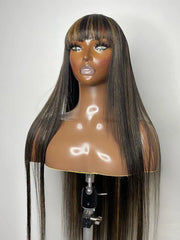 UNice 13x4 Lace Front Black With Honey Blonde Streaks Straight Wig With Chinese Bangs