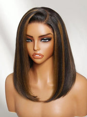 UNice 7x5 Bye-Bye Slip™ Lace Black with Caramel Highlights Side Part Yaki Straight Bob Wig