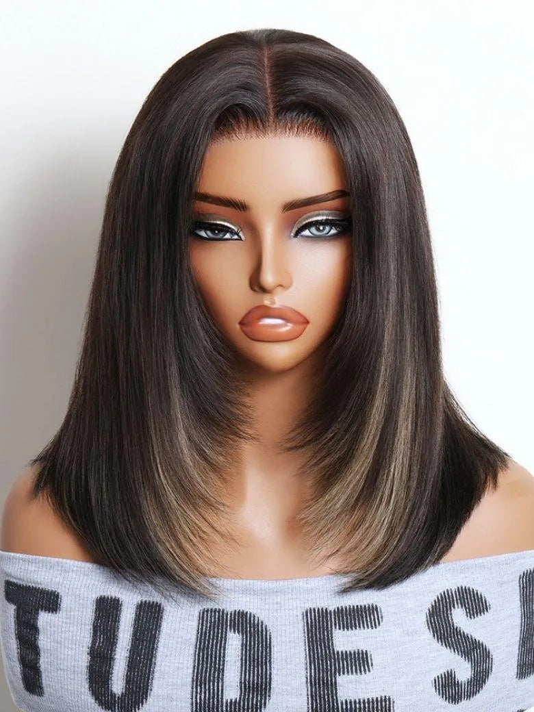 UNice Blonde Highlights Layered Yaki Straight Bob Wig Bye-Bye Slip™ 7×5 Lace Closure Glueless Glam-Ready Sophisticated Style Confident Look