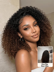 [ Price Drop ] UNice Versatile 2-in-1 Black to Brown Ombre Turn-Around Kinky Curly Half Wig Glueless for Beginners