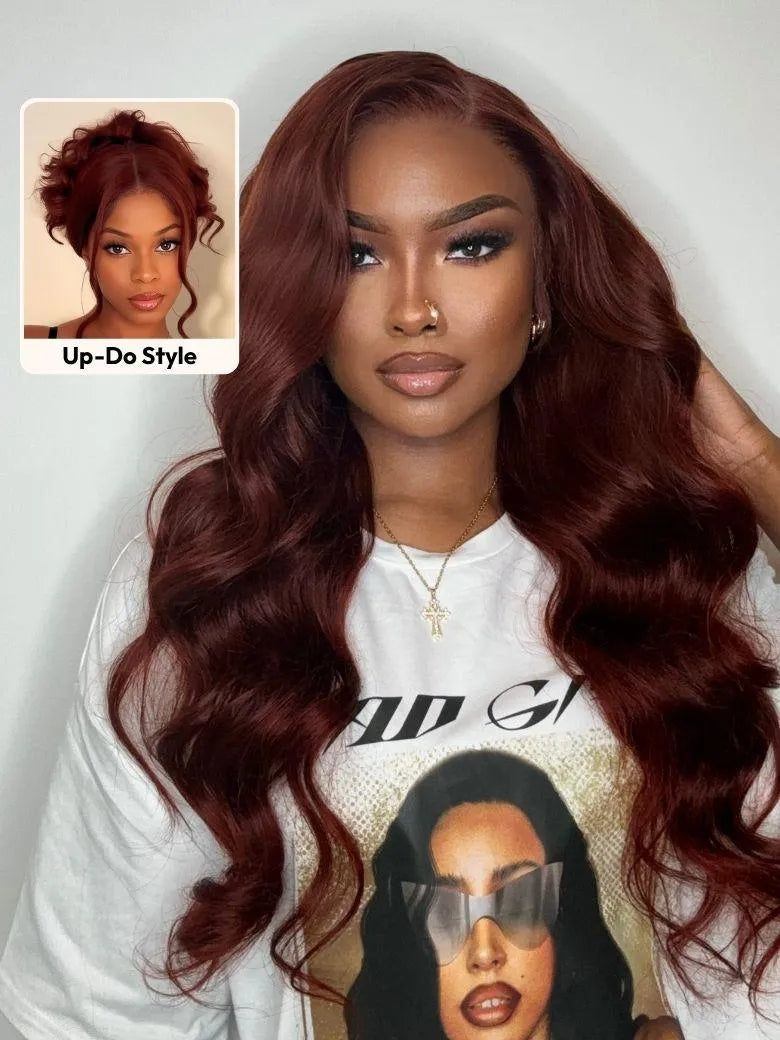 UNice 7x5 Bye Bye Slip Wig Glueless Lace 150% density Flattering Sun-Kissed Warm Tones Reddish Brown Body Wave Bleached Knots Drawstring Wig
