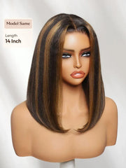 UNice 7x5 Bye-Bye Slip™ Lace Black with Caramel Highlights Side Part Yaki Straight Bob Wig