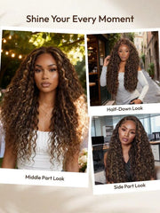 UNice 100% Human Hair Bye-Bye Knots™ 7x5 Lace Dark Toffee Brown with Auburn Highlights Water Wave Wig with Invisi Drawstring