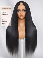 UNice InvisiBlend™ V Part Glueless Yaki Straight Natural Black Wig With Invisi Drawstring 100% Human Hair 180% Density