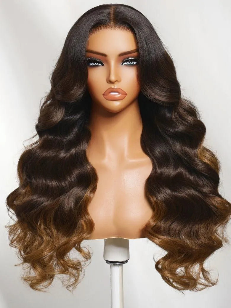 UNice 13x4 Bye Bye Slip™ Lace Frontal Dark to Brown Ombre with Caramel Blonde Ends Yaki Body Wave Glueless Wig