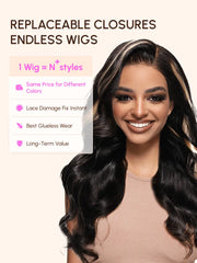 UNice Magic Lace Wig Black to Chestnut Brown Ombre Body Wave With Optional 7x5 Replaceable Lace Closure