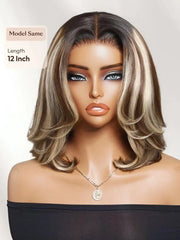 UNice Bye Bye Slip™ 7x5 Lace Warm Brown with Beige Blonde Ribbon Highlights Layered Bob Wig With Dark Roots