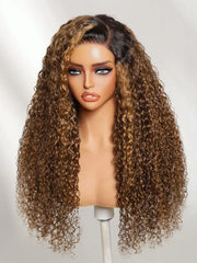 UNice 13x4 Bye Bye Slip™ Lace Frontal Brown with Caramel Highlights Glueless Curly Wig with Dark Roots