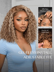 UNice Honey Blonde Highlights Water Curly Wig Bye-Bye Slip™ 7×5 Lace Closure Glueless Glam-Ready Festival Chic Short Curls Blonde Dimension