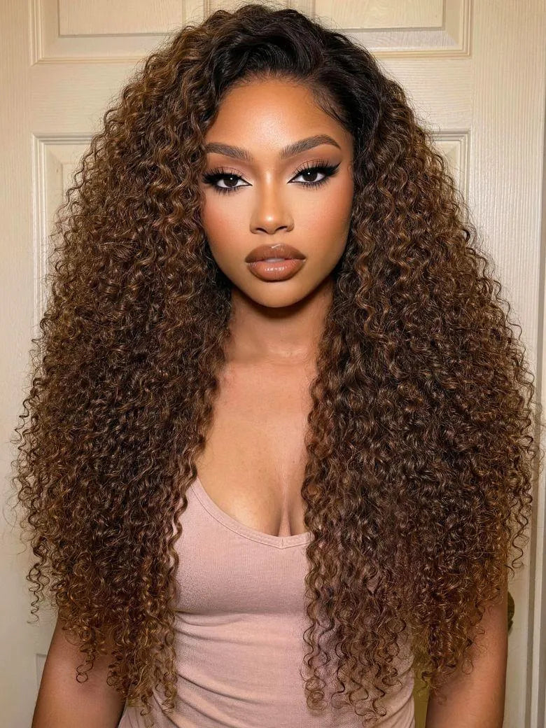 UNice 7x5 Bye Bye Slip™ Lace Warm Caramel Brown with Dark Roots Natural Afro Curly Wig with Invisi Drawstring