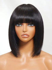 UNice Straight Bob Black Wig Human Hair Glueless Wig with Blunt Bangs
