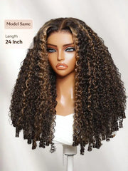 UNice Golden Brown Highlights Burmese Curly Wig With Finger Coil Ends Bye-Bye Slip™ 7×5 Lace Closure Glueless Glam-Ready Dimensional Color