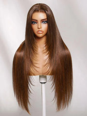 UNice 7x5 Bye-Bye Slip™ Lace Rich Brown with Golden Copper Highlights Layered Straight Glueless Wig with Invisi Drawstring