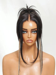 UNice Bye-Bye Slip™ 7x5 Lace Black with Blonde Peekaboo Highlights Layered Straight Wigs with Invisi Drawstring 150% Density