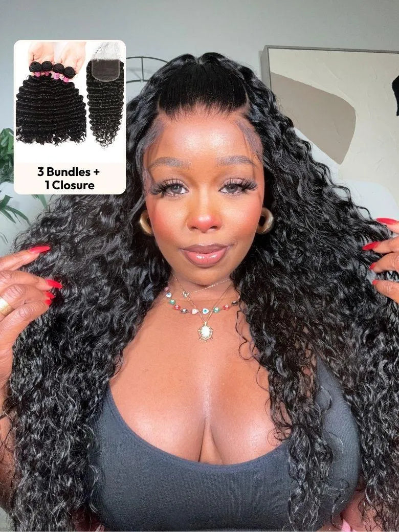 Unice Deep Wave 4 Bundles with 5x5 Free Part HD Lace Closure Natural Black