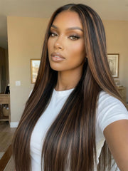UNice 7x5 Bye Bye Slip™ Lace Black with Golden Brown Highlights Yaki Straight Wig with Invisi Drawstring